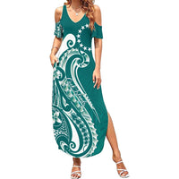 Kia Orana Cook Islands Summer Maxi Dress Teal Plumeria Tropical Waves - Polynesian Pride