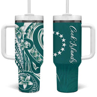 Kia Orana Cook Islands Tumbler With Handle Teal Plumeria Tropical Waves - Polynesian Pride