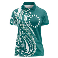 Kia Orana Cook Islands Women Polo Shirt Teal Plumeria Tropical Waves - Polynesian Pride