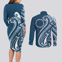 Kia Orana Cook Islands Couples Matching Long Sleeve Bodycon Dress and Long Sleeve Button Shirt Auika Plumeria Tropical Waves - Polynesian Pride