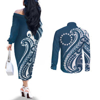 Kia Orana Cook Islands Couples Matching Off The Shoulder Long Sleeve Dress and Long Sleeve Button Shirt Auika Plumeria Tropical Waves - Polynesian Pride