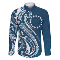 Kia Orana Cook Islands Family Matching Off Shoulder Maxi Dress and Hawaiian Shirt Auika Plumeria Tropical Waves LT7 Dad's Shirt - Long Sleeve Navy Blue - Polynesian Pride