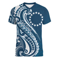 Kia Orana Cook Islands Women V-Neck T-Shirt Auika Plumeria Tropical Waves - Polynesian Pride