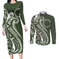 Kia Orana Cook Islands Couples Matching Long Sleeve Bodycon Dress and Long Sleeve Button Shirt Matie Plumeria Tropical Waves - Polynesian Pride