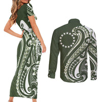 Kia Orana Cook Islands Couples Matching Short Sleeve Bodycon Dress and Long Sleeve Button Shirt Matie Plumeria Tropical Waves - Polynesian Pride