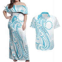 Kia Orana Cook Islands Couples Matching Off Shoulder Maxi Dress and Hawaiian Shirt Moana Plumeria Tropical Waves - Polynesian Pride