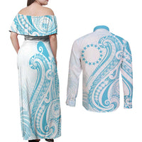 Kia Orana Cook Islands Couples Matching Off Shoulder Maxi Dress and Long Sleeve Button Shirt Moana Plumeria Tropical Waves - Polynesian Pride