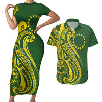Kia Orana Cook Islands Couples Matching Short Sleeve Bodycon Dress and Hawaiian Shirt Plumeria Tropical Waves - Polynesian Pride