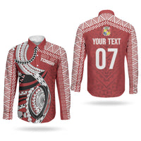 Mate Ma'a Tonga Rugby Custom Kupesi Motifs Couples Matching Long Sleeve Bodycon Dress and Long Sleeve Button Shirt Red Waves LT7 - Polynesian Pride