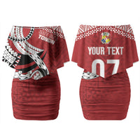 Mate Ma'a Tonga Rugby Custom Kupesi Motifs Couples Matching Off Shoulder Short Dress and Hawaiian Shirt Red Waves LT7 - Polynesian Pride
