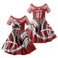 Mate Ma'a Tonga Rugby Custom Kupesi Motifs Family Matching Off Shoulder Short Dress and Hawaiian Shirt Red Waves LT7 Daughter's Dress Red - Polynesian Pride