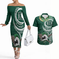 Hawaii Rainbow Warriors Alumni Personalized Couples Matching Off The Shoulder Long Sleeve Dress and Hawaiian Shirt Ti Maile Lei - Glory For The Warriors