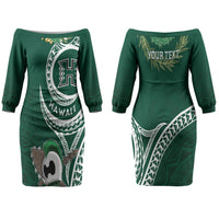Hawaii Rainbow Warriors Alumni Personalized Couples Matching Off The Shoulder Long Sleeve Dress and Hawaiian Shirt Ti Maile Lei - Glory For The Warriors