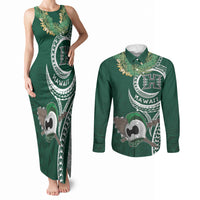 Hawaii Rainbow Warriors Alumni Personalized Couples Matching Tank Maxi Dress and Long Sleeve Button Shirt Ti Maile Lei - Glory For The Warriors