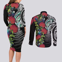 Meri Kirihimete New Zealand Couples Matching Long Sleeve Bodycon Dress and Long Sleeve Button Shirt Tui on Pohutukawa