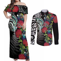 Meri Kirihimete New Zealand Couples Matching Off Shoulder Maxi Dress and Long Sleeve Button Shirt Tui on Pohutukawa
