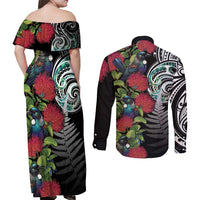 Meri Kirihimete New Zealand Couples Matching Off Shoulder Maxi Dress and Long Sleeve Button Shirt Tui on Pohutukawa