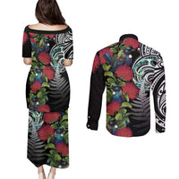 Meri Kirihimete New Zealand Couples Matching Puletasi and Long Sleeve Button Shirt Tui on Pohutukawa