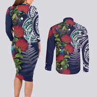 Meri Kirihimete New Zealand Couples Matching Long Sleeve Bodycon Dress and Long Sleeve Button Shirt Tui on Pohutukawa - Blue Ver