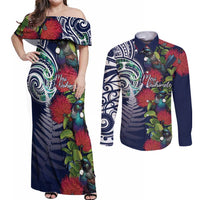 Meri Kirihimete New Zealand Couples Matching Off Shoulder Maxi Dress and Long Sleeve Button Shirt Tui on Pohutukawa - Blue Ver