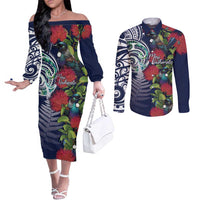 Meri Kirihimete New Zealand Couples Matching Off The Shoulder Long Sleeve Dress and Long Sleeve Button Shirt Tui on Pohutukawa - Blue Ver