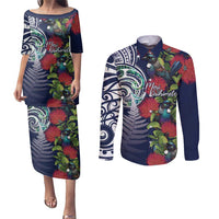Meri Kirihimete New Zealand Couples Matching Puletasi and Long Sleeve Button Shirt Tui on Pohutukawa - Blue Ver
