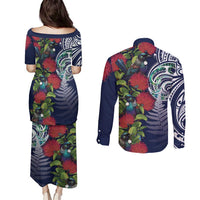 Meri Kirihimete New Zealand Couples Matching Puletasi and Long Sleeve Button Shirt Tui on Pohutukawa - Blue Ver