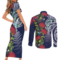 Meri Kirihimete New Zealand Couples Matching Short Sleeve Bodycon Dress and Long Sleeve Button Shirt Tui on Pohutukawa - Blue Ver