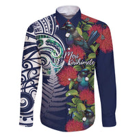 Meri Kirihimete New Zealand Family Matching Short Sleeve Bodycon Dress and Hawaiian Shirt Tui on Pohutukawa - Blue Ver LT7 Dad's Shirt - Long Sleeve Blue - Polynesian Pride