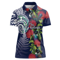 Meri Kirihimete New Zealand Women Polo Shirt Tui on Pohutukawa - Blue Ver