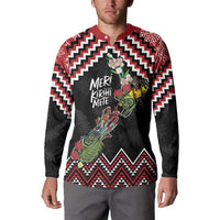 New Zealand Christmas Taniko Poutama Button Sweatshirt Flora Map with Birds - Polynesian Pride