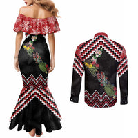 New Zealand Christmas Taniko Poutama Couples Matching Mermaid Dress and Long Sleeve Button Shirt Flora Map with Birds - Polynesian Pride