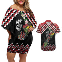 New Zealand Christmas Taniko Poutama Couples Matching Off Shoulder Short Dress and Hawaiian Shirt Flora Map with Birds - Polynesian Pride