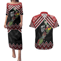 New Zealand Christmas Taniko Poutama Couples Matching Puletasi and Hawaiian Shirt Flora Map with Birds - Polynesian Pride