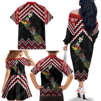 New Zealand Christmas Taniko Poutama Family Matching Off The Shoulder Long Sleeve Dress and Hawaiian Shirt Flora Map with Birds - Polynesian Pride