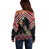 New Zealand Christmas Taniko Poutama Off Shoulder Sweater Flora Map with Birds - Polynesian Pride