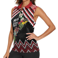 New Zealand Christmas Taniko Poutama Women Sleeveless Polo Shirt Flora Map with Birds - Polynesian Pride