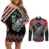 New Zealand Christmas Taniko Poutama Couples Matching Off Shoulder Short Dress and Long Sleeve Button Shirt Mountainscape Maori Fern - Polynesian Pride