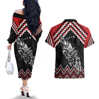 New Zealand Christmas Taniko Poutama Couples Matching Off The Shoulder Long Sleeve Dress and Hawaiian Shirt Mountainscape Maori Fern - Polynesian Pride