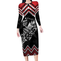 New Zealand Christmas Taniko Poutama Long Sleeve Bodycon Dress Mountainscape Maori Fern - Polynesian Pride