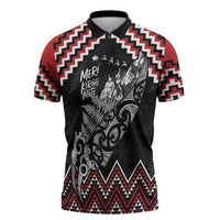 New Zealand Christmas Taniko Poutama Zipper Polo Shirt Mountainscape Maori Fern - Polynesian Pride