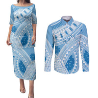Bula Fiji Classic Masi Tapa Couples Matching Puletasi and Long Sleeve Button Shirt Turquoise - Polynesian Pride