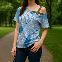 Bula Fiji Classic Masi Tapa Cross Shoulder Shirt Turquoise - Polynesian Pride