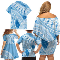 Bula Fiji Classic Masi Tapa Family Matching Off Shoulder Short Dress and Hawaiian Shirt Turquoise - Polynesian Pride