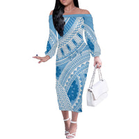 Bula Fiji Classic Masi Tapa Off The Shoulder Long Sleeve Dress Turquoise - Polynesian Pride