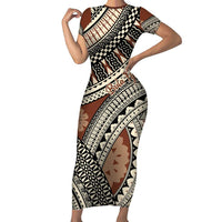 Bula Fiji Classic Masi Tapa Short Sleeve Bodycon Dress Vintage Brown - Polynesian Pride