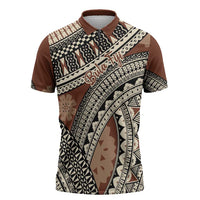 Bula Fiji Classic Masi Tapa Zipper Polo Shirt Vintage Brown - Polynesian Pride
