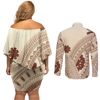 Bula Fiji Classic Masi Tapa Couples Matching Off Shoulder Short Dress and Long Sleeve Button Shirt Vintage Beige - Polynesian Pride