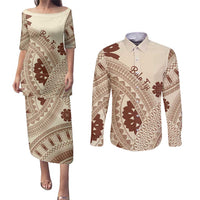 Bula Fiji Classic Masi Tapa Couples Matching Puletasi and Long Sleeve Button Shirt Vintage Beige - Polynesian Pride