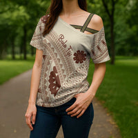 Bula Fiji Classic Masi Tapa Cross Shoulder Shirt Vintage Beige - Polynesian Pride